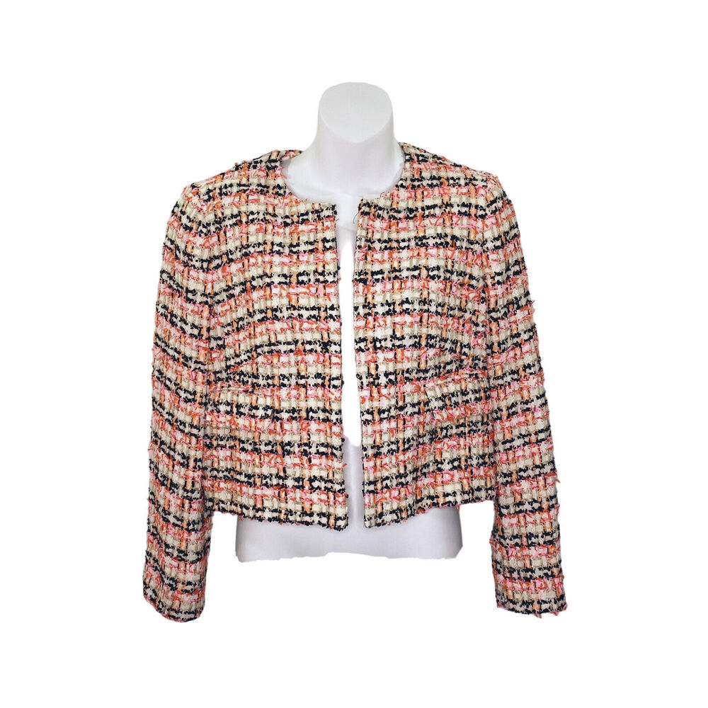 Linton L.K. Bennett London Womens Jacket Tweed Pink Beige Black Plaid Hook Front